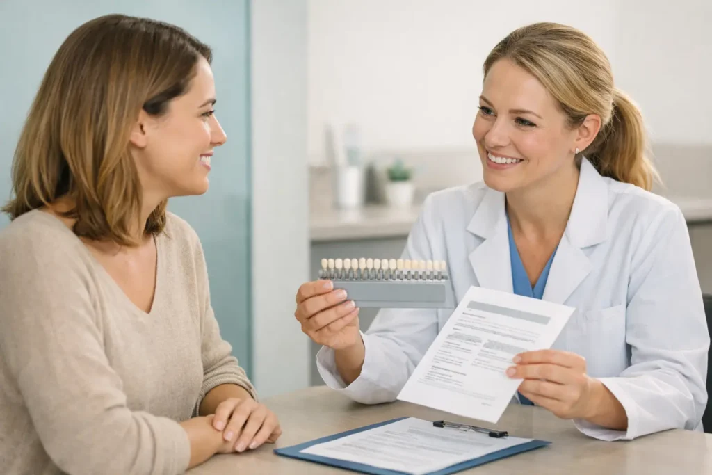 Professional tooth whitening consultation in a modern dental office, with a dentist showing a tooth shade guide and treatment plan to a patient.