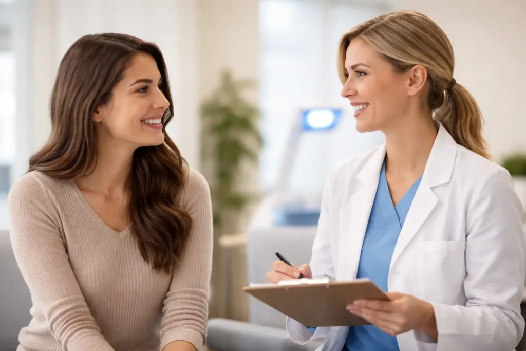Zoom tooth whitening consultation in a modern dental office, with a patient and dental professional talking while a blue LED lamp is softly blurred in the background.